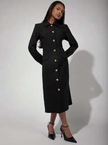 COSMINA Modest Women's Solid Color Front Button Long Sleeve Pocket Minimalist Long Dress - Black - View 1