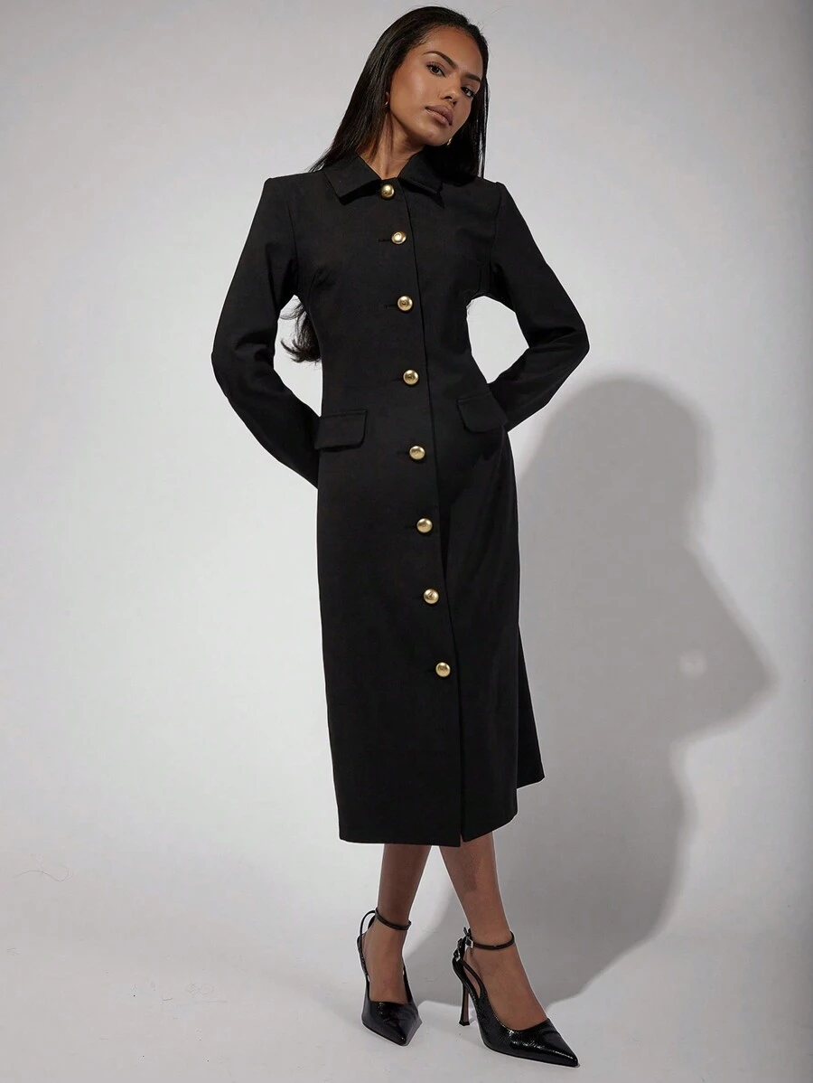 COSMINA Modest Women's Solid Color Front Button Long Sleeve Pocket Minimalist Long Dress - Black - View 1
