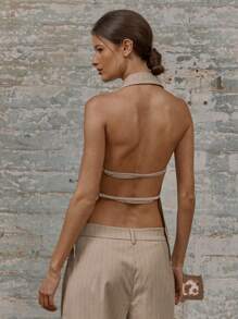 MUSERA 修身翻领单扣露背双肩带上衣，春夏休闲胶囊衣橱日常度假毕业典礼婚礼宾客装扮 - 灰色 - 查看 3