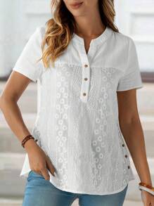 EMERY ROSE Camicia a maniche corte da donna in cotone estiva con scollo a V ricamato, top a maniche corte