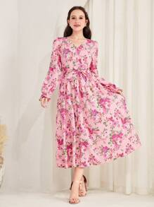 SHEIN 少女碎花 V 领荷叶边袖连衣裙