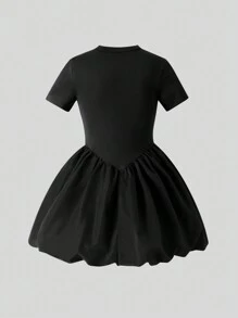 SHEIN Young Girls Knit Roundneck Patchwork Woven Lantern Hemline Dress, Elegant Long Sleeve Cake Dress With Safety Shorts Inside, Suitable For Autumn And Winter, Red For Christmas, Party Wear, Daily Wear School Daily, Birthday Dress, Princess Dress, Mom And Daughter & Sisters Matching