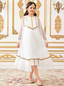 SHEIN Tween Girls Loose Elegant Ruffled Trim Crew Neck Dress With Overlay 2pcs Set - White - View 5