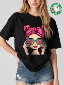 Tseoso Casual Cartoon Character Graphic Oversized Crew Neck Short Sleeve Loose T-Shirt For Women, Summer Pullover , Funny - Black - View 3