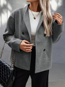 EMERY ROSE Women Casual Solid Color Drop Shoulder Loose Double Breasted Jacket Fall Winter Cloth For Women - Dark Grey - View 5