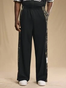 Forever 21 Men's Black Textured Fabric Super Loose Trousers With Tree Branch Camouflage Stripes And Large Woven Label, Suitable For Daily Wear - Black - View 7