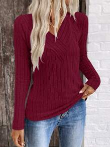 EMERY ROSE LUNE V-Neck Brushed Ribbed Women Top, New Cross-Border Trading Autumn/Winter Collection Fall Cloth For Women - Burgundy - View 4