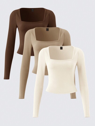 SHEIN BASICS 3 件套纯色针织长袖修身方领短款 T 恤女士