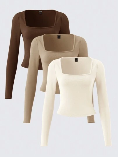 SHEIN BASICS 3 件套纯色针织长袖修身方领短款 T 恤女士