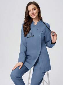 Scrubzie 2pcs Wrinkle-Resistant Collared Long Sleeve Women's /Healthcare Scrub Uniform Top And Pants Set - Blue - View 6