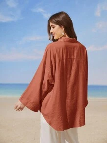 Mulvari Women's Casual Solid Color Drop Shoulder Loose Shirt - Redwood - View 2