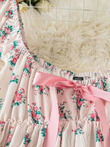 Flirla Vestido con diseño floral menudo, moño decorativo para mujer de talla grande - Blanco - Ver 5