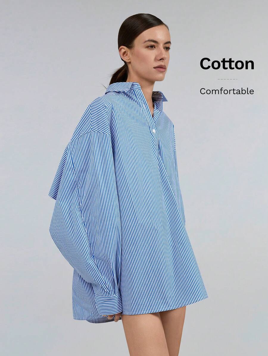 Ontre 2025 新款女士春季蓝色条纹长袖超大长款衬衫，背部喇叭形设计