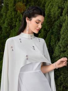 Modelyn Damen Strass Kragen Umhang Poncho und elegantes 2-teiliges Kleid Set