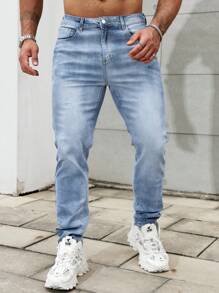 Manfinity Homme Men's Simple Front Button Pocket Design Casual Jeans - Light Wash - View 1