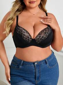 1pc Plus Size Lace Patchwork Underwire Bra - Black - View 3