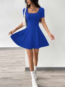 SHEIN EZwear 海军蓝针织女式休闲运动短裙 - 寶藍色 - 查看 4