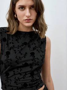 Maija 2 件套女士花朵植绒网眼系带露背上衣和迷你裙套装 90 年代服装节 - 黑色 - 查看 3