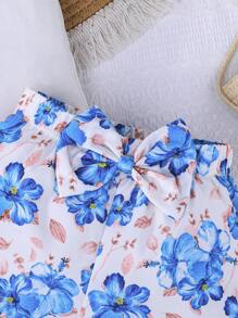 2pcs Baby Girl Summer Outfit,Cute White Peter Pan Collar Floral Embroidered Short Sleeve Blouse,Sweet Bowknot Printed Flowy Shorts,Vacation Fashion - Multicolor - View 7
