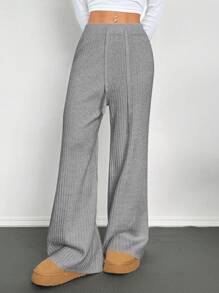 SHEIN EZwear 大码女式黑色毛衣，休闲纯色抽绳腰宽松阔腿针织裤，黑色，女士冬装