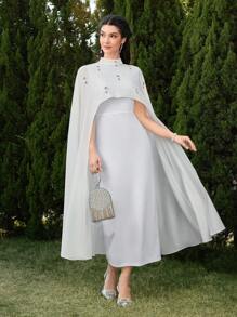 Modelyn Damen Strass Kragen Umhang Poncho und elegantes 2-teiliges Kleid Set