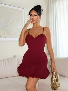 SHEIN SXY Đầm yếm bó sát viền hoa tulip màu trơn cho nữ - Màu Đỏ Sâu - Xem 1