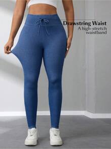 EMERY ROSE Jeans elásticos azules de punto entallados para mujer con cintura elástica y cordón, de moda y versátiles, aptos para primavera/otoño