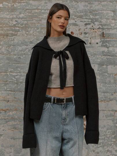 MUSERA Knit Long Sleeve Boxy Fit Collar Tie Neck Turn Up Sleeve Cardigan Thanksgiving Chic