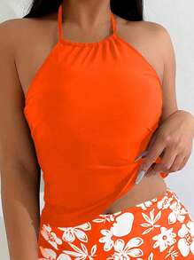 SHEIN Swim Vrouwen Vakantie Casual Halter Hals Tankini Set Badmode, Voor Zomer Strand