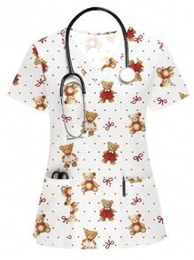 PopScrub 卡通熊印花短袖女式护士制服上衣 - 白色 - 查看 2