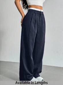 SHEIN PETITE CURVE Quần âu cạp cao kẻ sọc ống rộng màu trơn đơn giản mùa hè cỡ lớn - Màu xanh hải quân - Xem 1