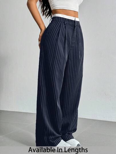 SHEIN PETITE CURVE Pantalones de vestir informales de verano de talla grande, de cintura alta, con diseño de bloques de color y piernas anchas a rayas