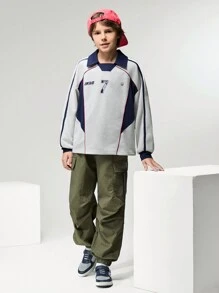 Back-To-School Tween Boy Olive Green Baggy Cargo Pants,Summer School Casual Elastic Waist 3M Reflective Letter Print Loose Wide Leg Jogger Pants - Army Green - View 2