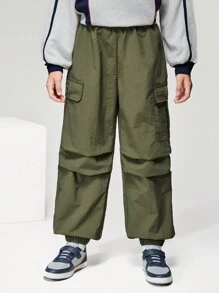 Back-To-School Tween Boy Olive Green Baggy Cargo Pants,Summer School Casual Elastic Waist 3M Reflective Letter Print Loose Wide Leg Jogger Pants - Army Green - View 3