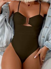 Swim Chiccia 1pc Solid Color Hollow Metal Decor One-Piece Swimsuit, For Summer Beach Vacation