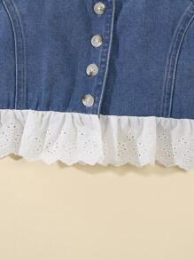 Tween Girl' Y2K Stylish Fitted Lace Trim Pleated Patchwork Washed Denim Sleeveless Top And Elastic Waist Shorts Set,Holiday,Summer,Travel - Medium Wash - View 4