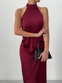Chiquease Women's Solid Color Backless Draped Neck Elegant Maxi Dress - Burgundy - View 6