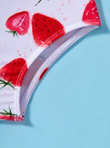 SHEIN Baby Girl Strawberry Pattern Ruffled Swimsuit & Hat Set, Cute Knitted Summer - Red and White - View 7