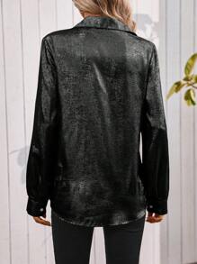 SHEIN LUNE 女士休闲纯色长袖衬衫，带口袋，春秋装，长袖上衣 - 黑色 - View 2