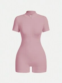 Ribbed Knit Jumpsuit With Half Zip - Rosa - View 5