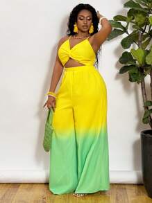 Slaydiva Combinaison / Barboteuse d'été pour femmes, grande taille / tenue occidentale, avec bloc de couleurs, torsion sur la poitrine, jambes larges / baggy, fluide / pantalon palazzo, bretelles fines