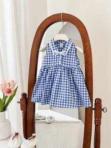 SHEIN Babygirl Summer Cute Vacation Blue Plaid Collar Dress - Blue and White - View 7