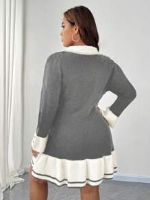 SHEIN Unity Plus Size Women Knitted Color Block Sweater Dress With Ruffle Trim & Button Detail, Elegant For Autumn/Winter Fall Cloth For Women - Grey - View 2
