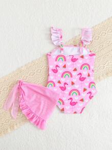 Baby Girl Flamingo Print Ruffles One-Piece Swimsuit With Mesh Skirt