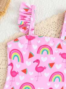 Baby Girl Flamingo Print Ruffles One-Piece Swimsuit With Mesh Skirt