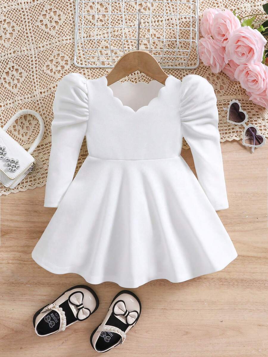 SHEIN Leap Crew Đầm dài tay cổ gợn sóng màu trắng đáng yêu cho bé gái, mùa thu/đông - trắng - Xem 1