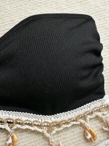 Swim Vcay 1 pieza Parte superior de traje de baño para mujer con cuello de halter y tela acanalada, con diseño de elementos oceánicos y borlas, casual y cómodo para las vacaciones en la playa - Negro - Ver 3