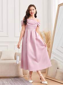 SHEIN Teen Girls' Elegant A-Line Ruffled Off Shoulder Dress, Pink - Pink - View 5