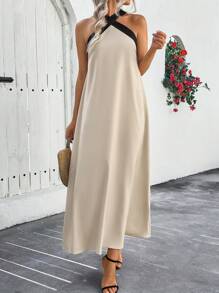 Breezaya Women Casual Loose Fit Colorblock Halter Neck Dress - Apricot - View 1