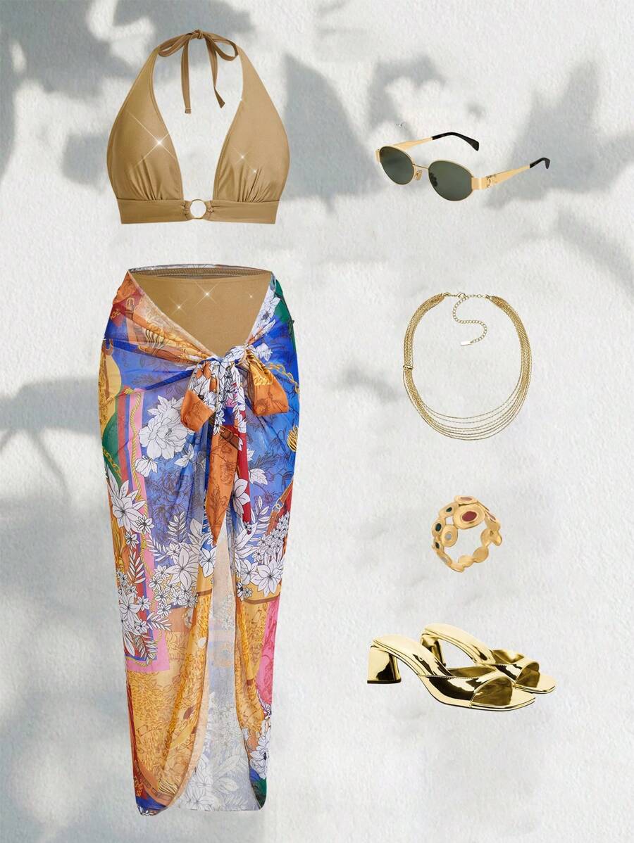 Swim Oasis Women's Gold Triangle Ring High Waist Floral Chain Beach Cover-Up Swimwear Cover Up Set, Suitable For Holiday, Beach, Party Summer - Multicolor - View 1